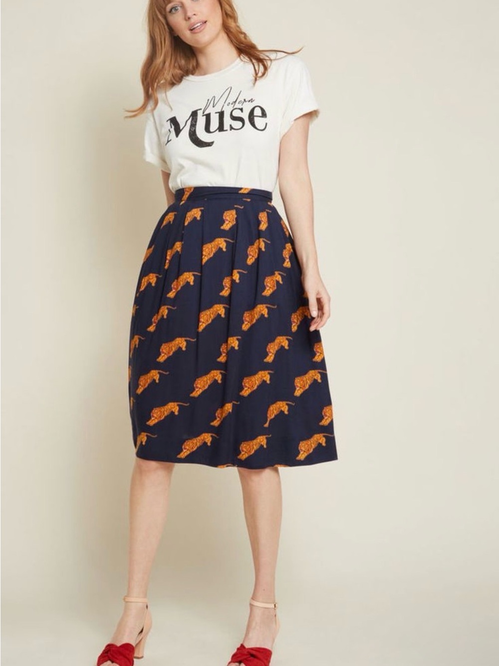 Emily and Fin Navy Tiger Print Midi Skirt | Size Small - Picture 4 of 8